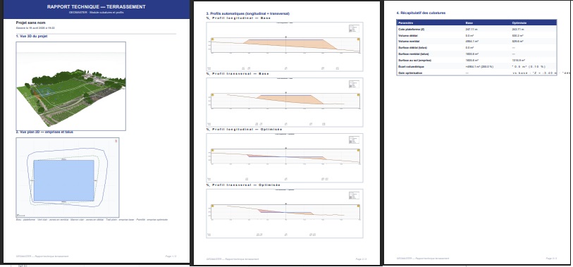 GEOMASTER — Rapport PDF technique A4 portrait : entête projet, vue 3D, carte 2D, profils, tableau récapitulatif
