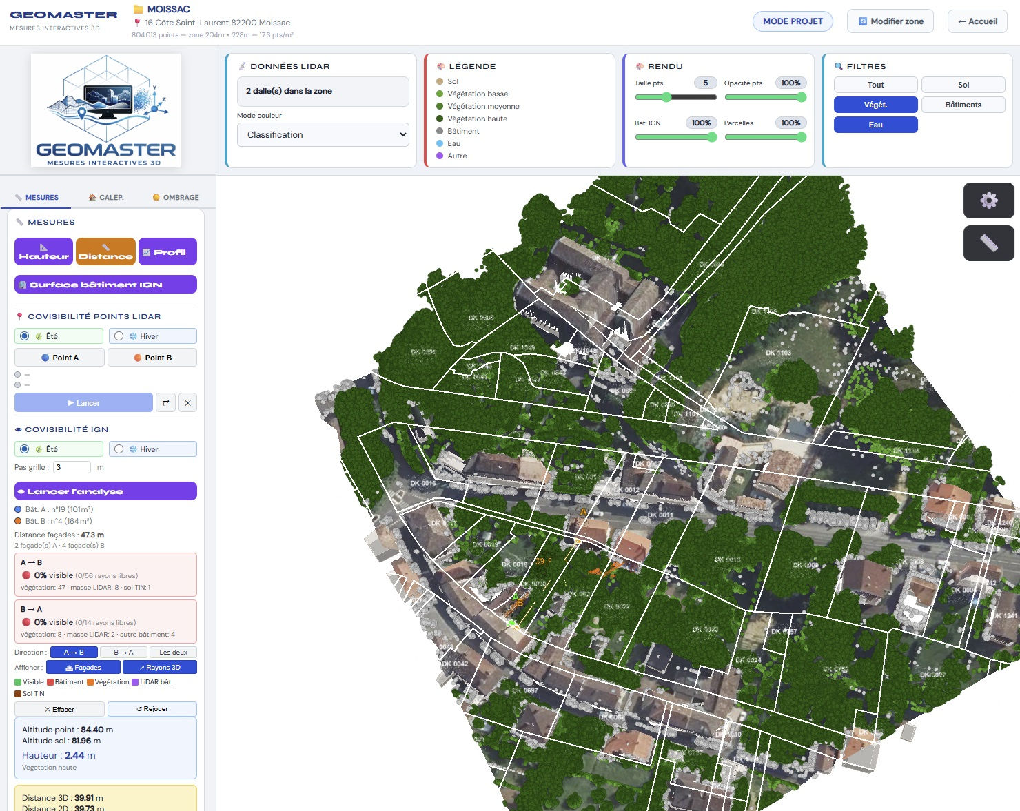 GEOMASTER — Superposition du parcellaire cadastral sur vue LiDAR