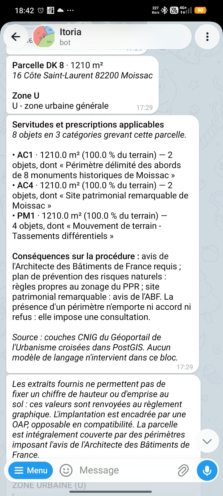 Zone du PLU et servitudes de la parcelle
