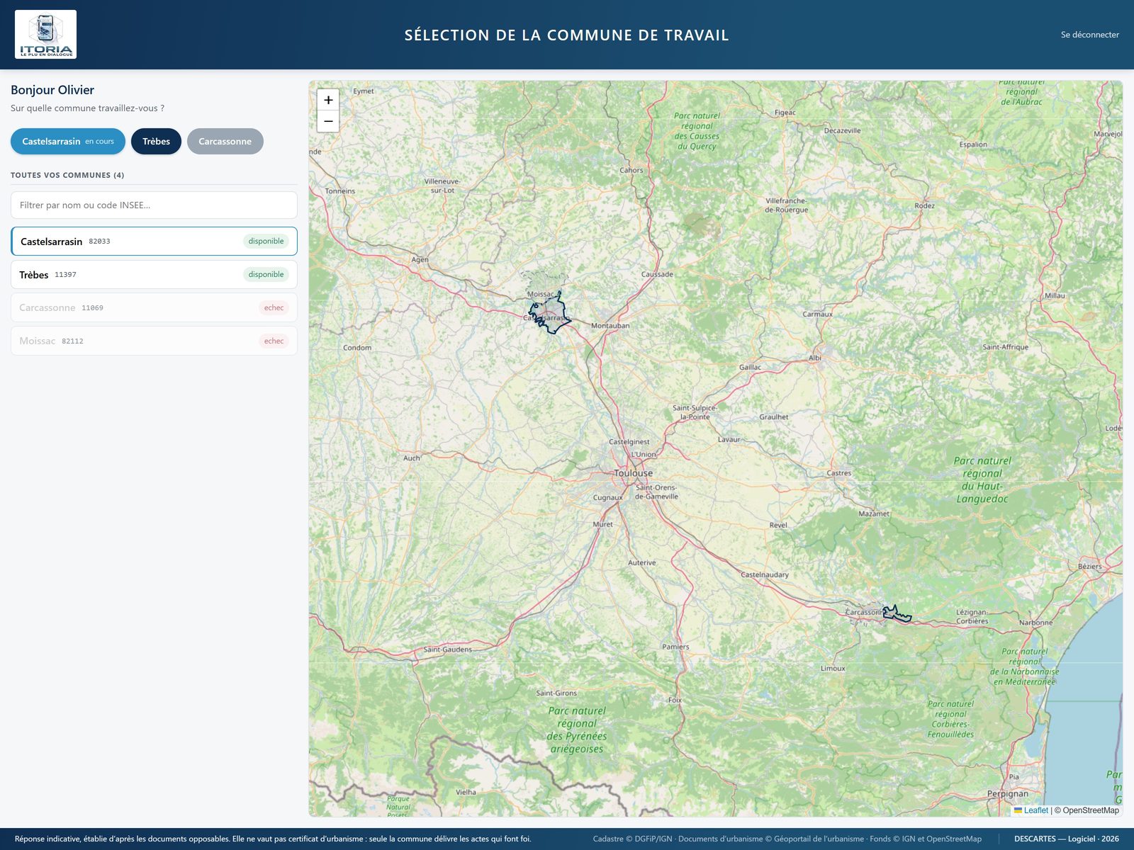 La page de choix de la commune de travail