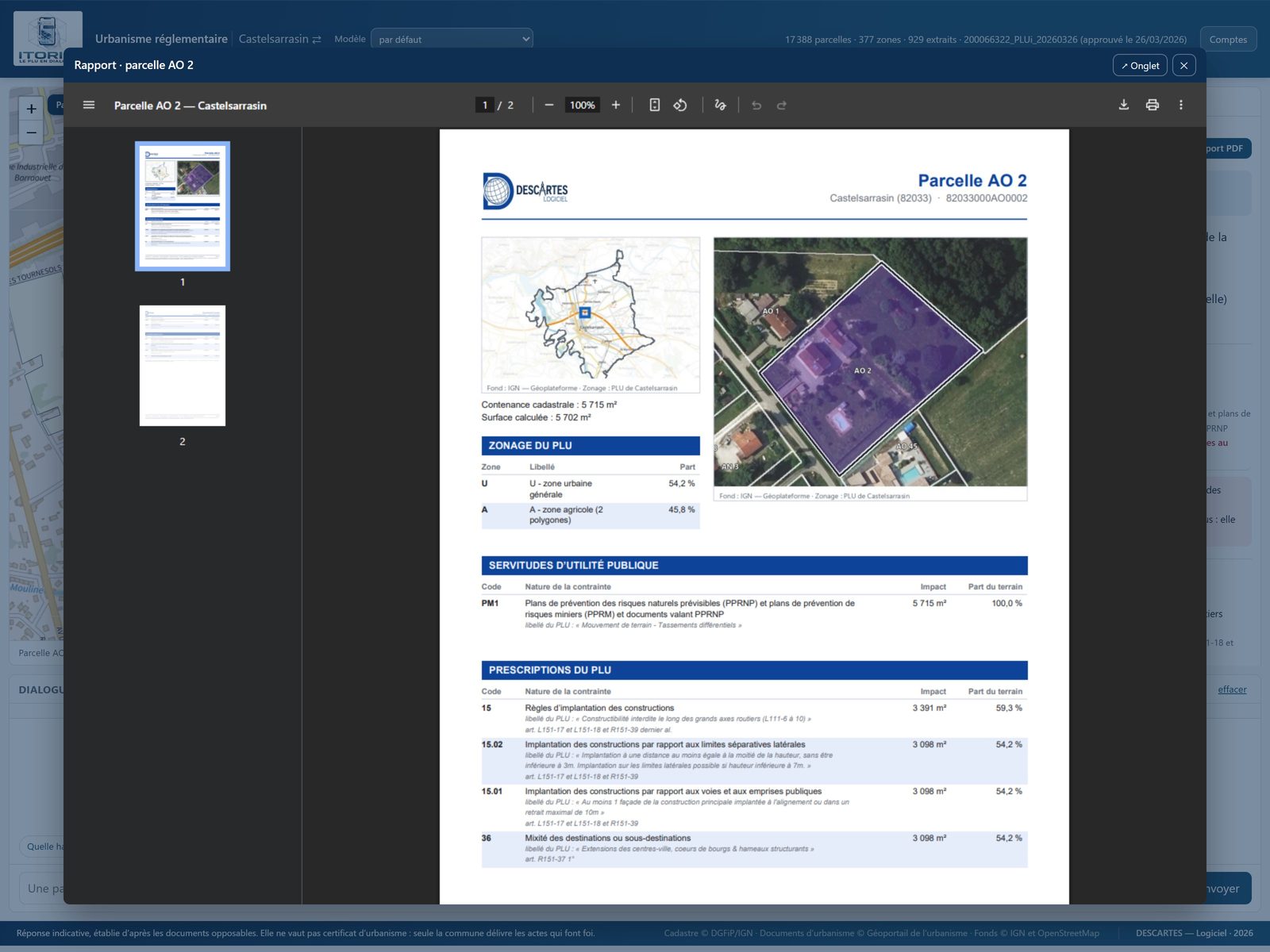 Le rapport PDF de la parcelle, ouvert par-dessus l'application