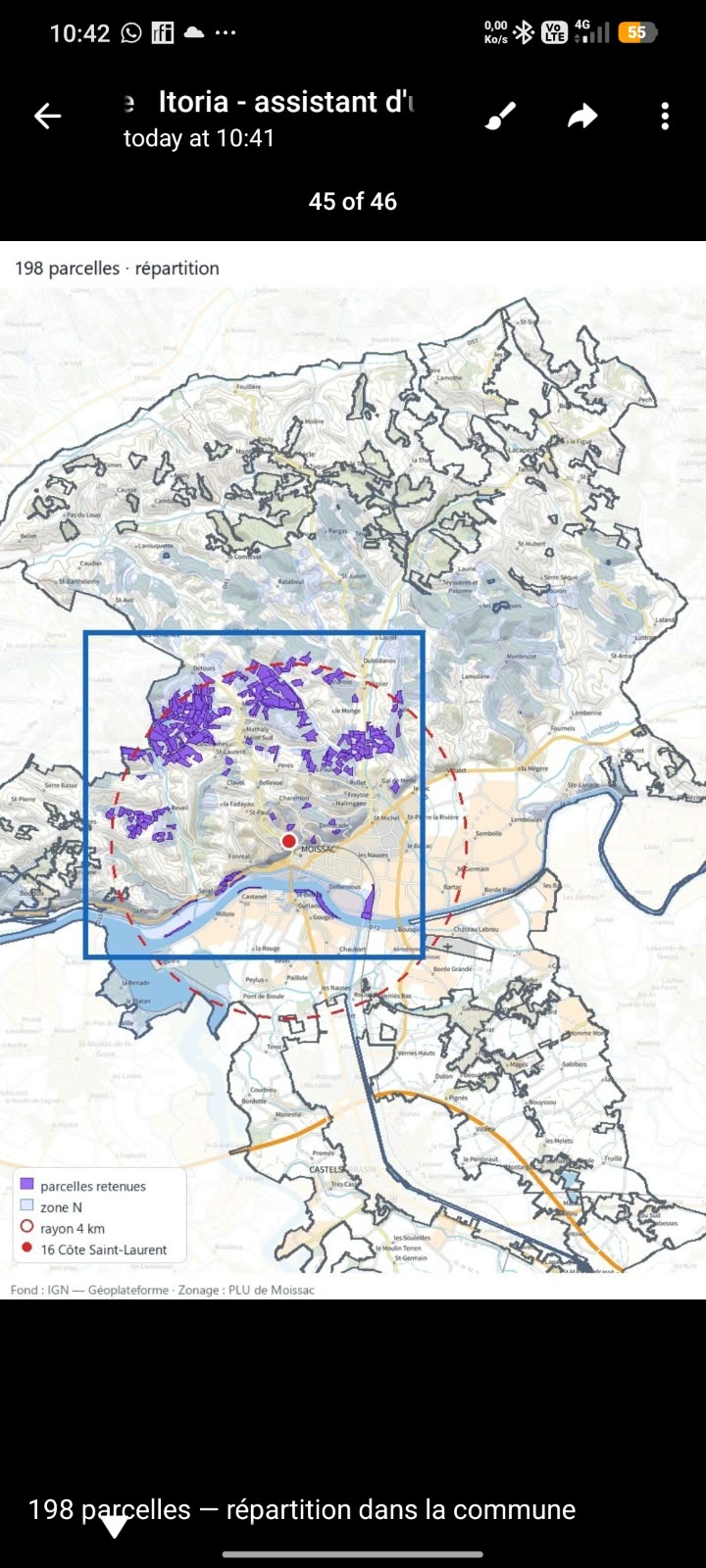 Les 198 parcelles retenues, en violet sur le zonage de la commune