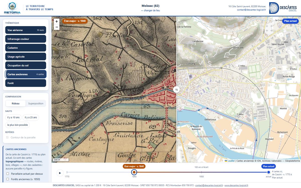 Carte ancienne d'État-major de Moissac vers 1840 comparée au plan IGN actuel, séparées par un rideau, dans RETORIA