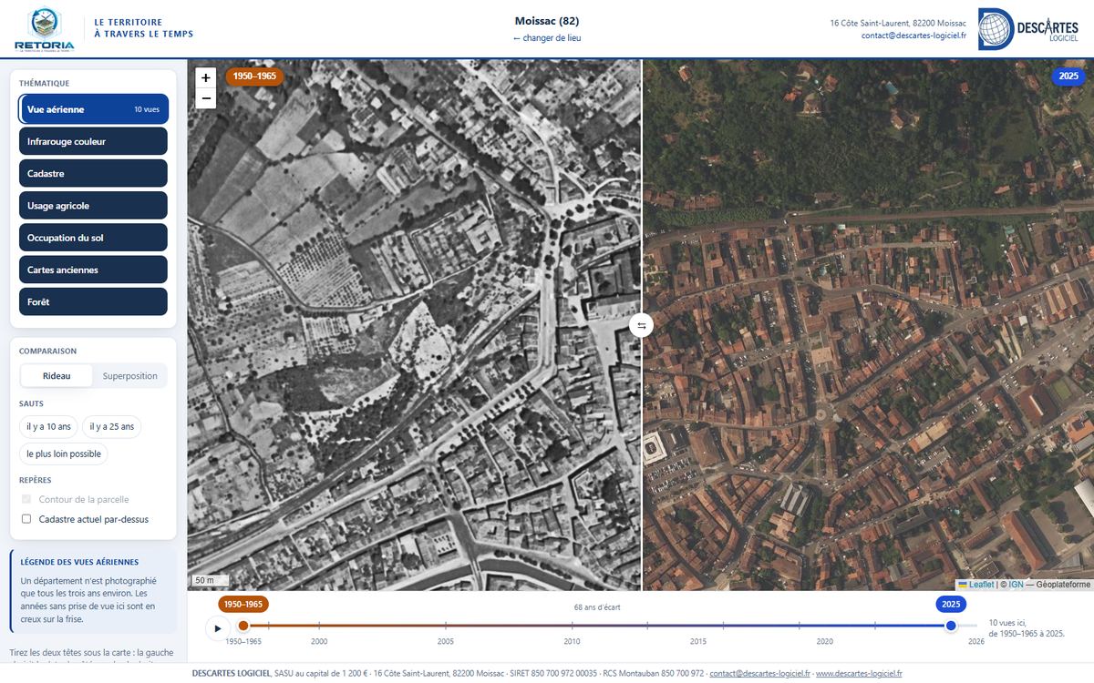 Photo aérienne ancienne de Moissac (1950-1965) comparée à la photo aérienne de 2025 avec un rideau, dans RETORIA